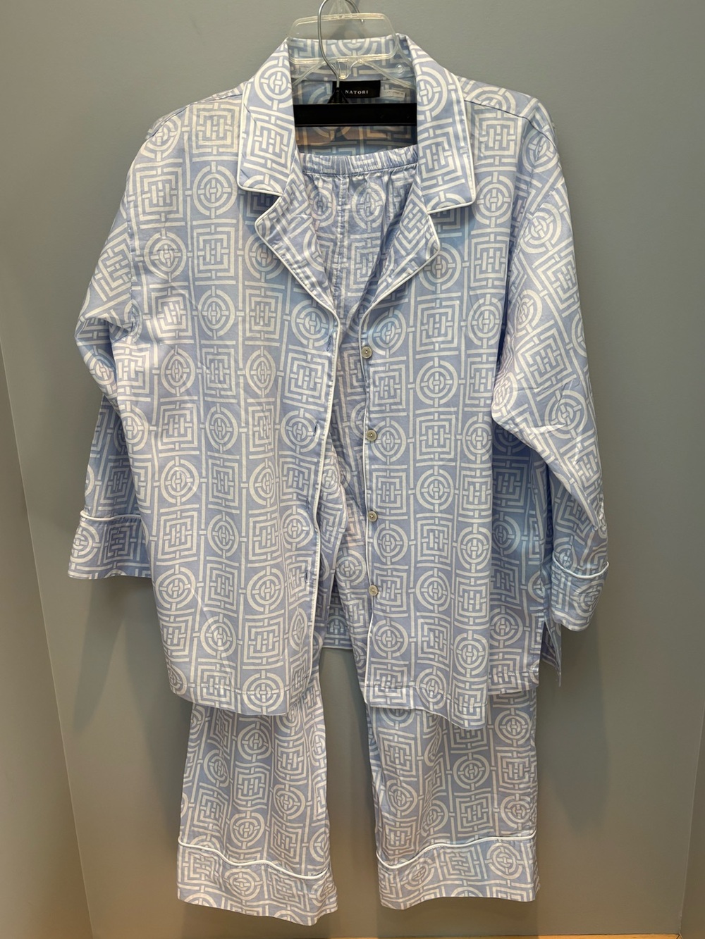 Natori Blue White Geometric Print Cotton Pajama Set Size L